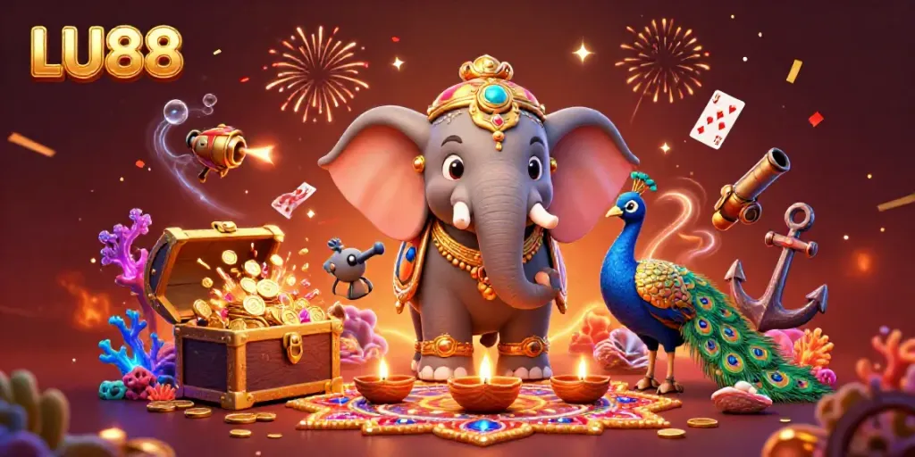 LU88's cinematic 3D illustration shows a vibrant elephant and peacock amid golden delights, celebrating casino excitement.