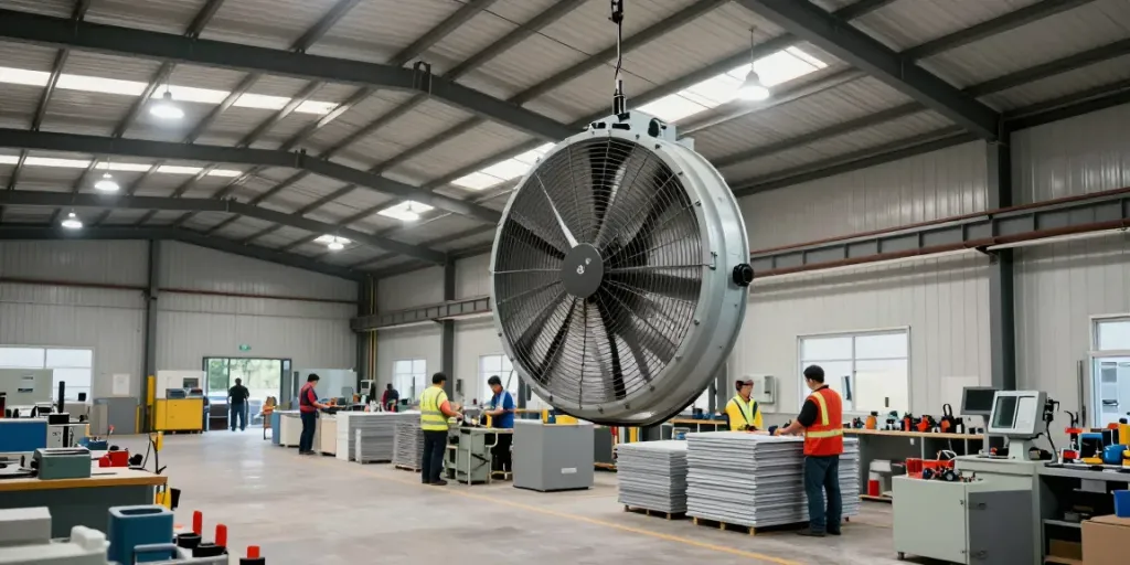 Quạt công nghiệp đang hoạt động trong không gian làm việc hiện đại, giúp cải thiện không khí cho công nhân.