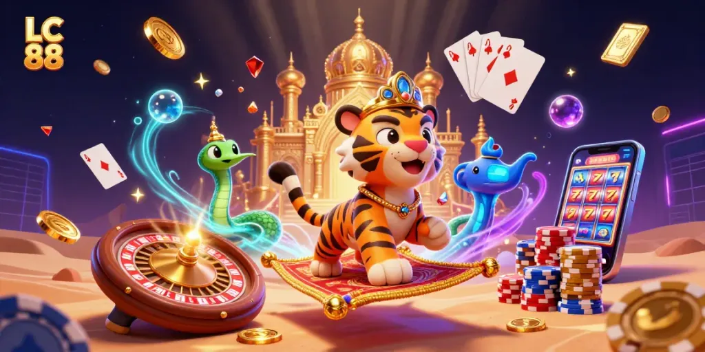 Engage with the thrilling world of LC 88 as the tiger sultan and genie bring excitement surrounded by casino elements.