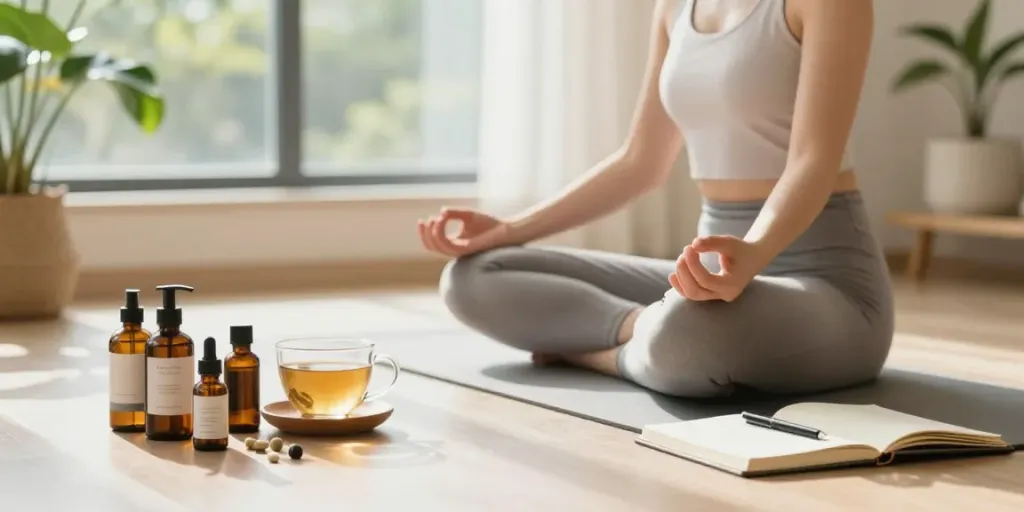 Health and wellness products online India showcased in a tranquil home meditation setting.