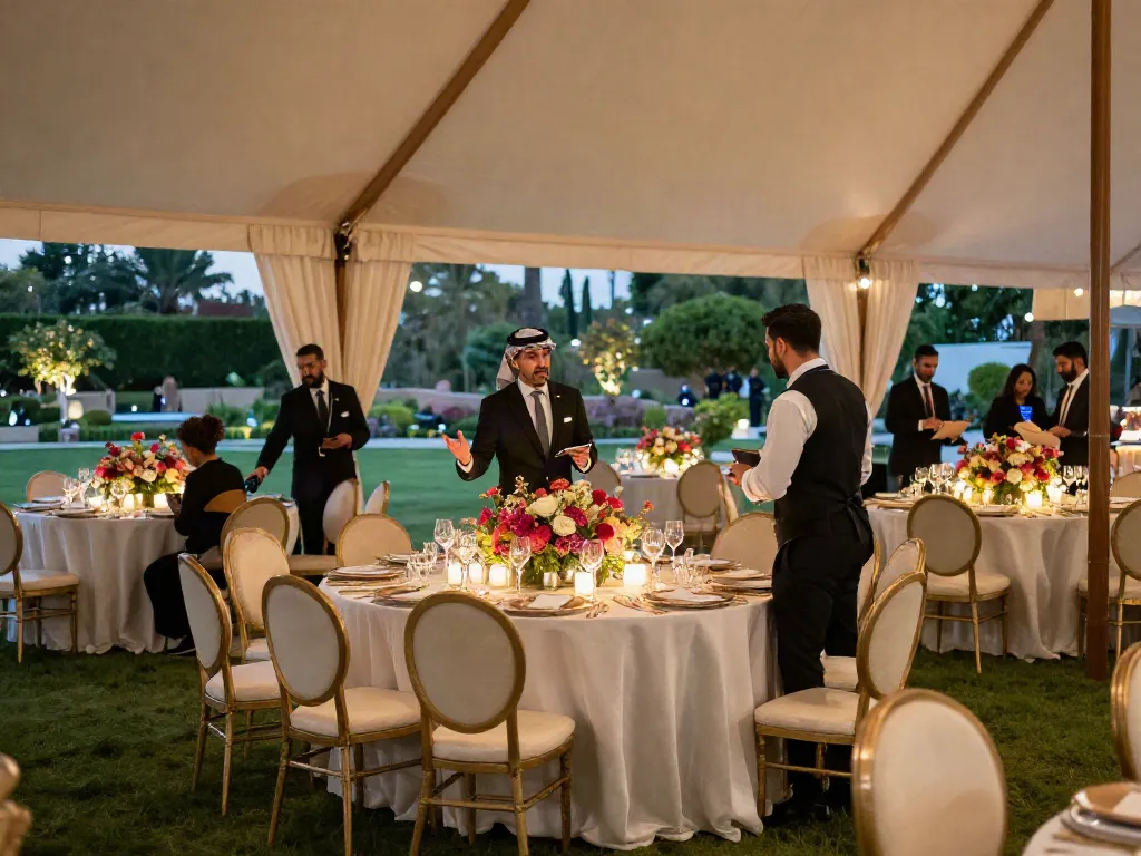 Event furniture rental displayed in an elegant outdoor setting with lush garden views.