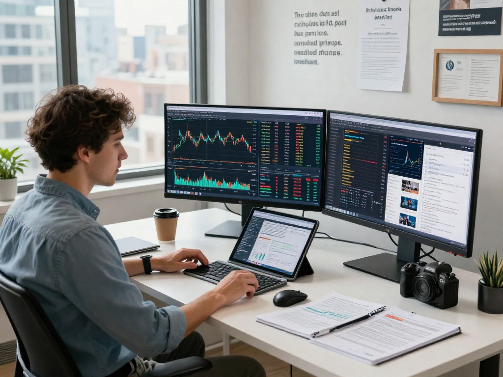 TradingView trading setup with charts and analytics in a modern office.