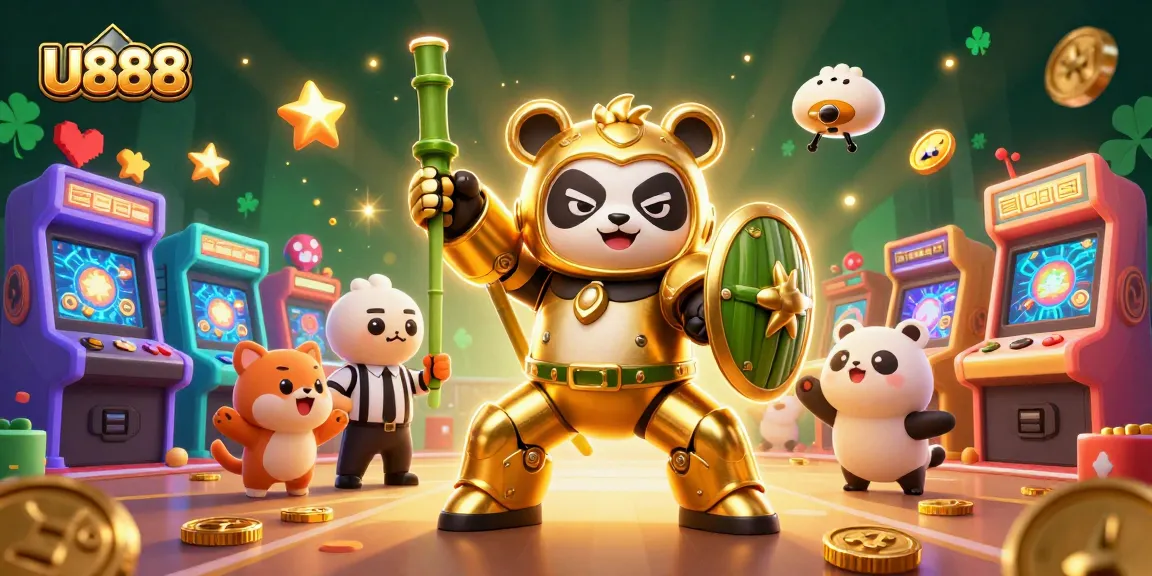 U888 action-packed gaming scene showcasing a golden panda and dynamic casino elements in a vibrant environment.