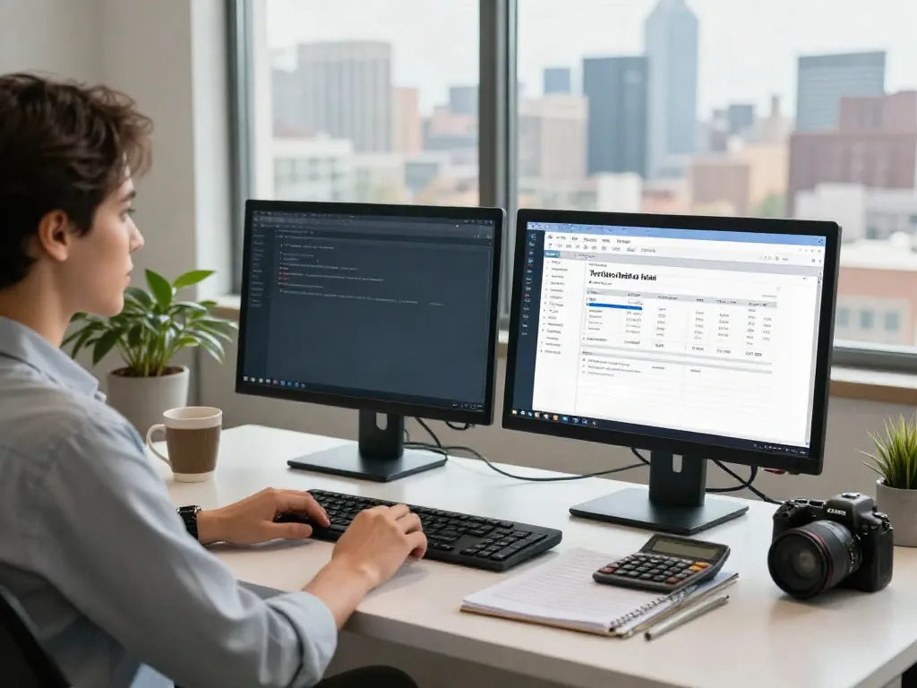 Tax software for starting a tax preparation business setup with dual monitors, calculator, and financial notes.
