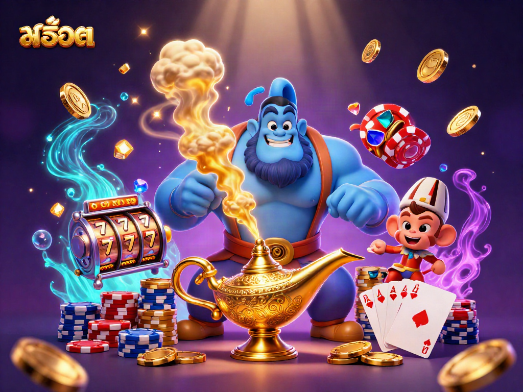 Experience thrilling สล็อต action with a mystical genie, poker chips, and slot reels in a vibrant casino scene.