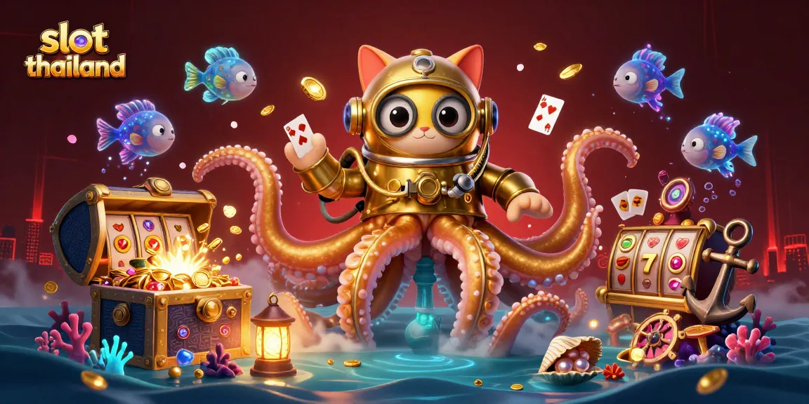 Experience thrilling slot thailand gaming action with a kraken, diving cat, and glowing sea creatures.