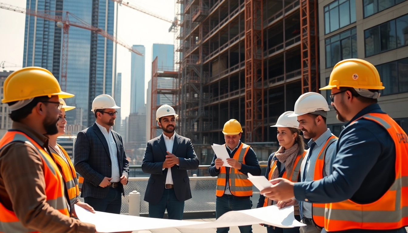 New York City Commercial General Contractor team collaborating on a construction site with cranes and plans.