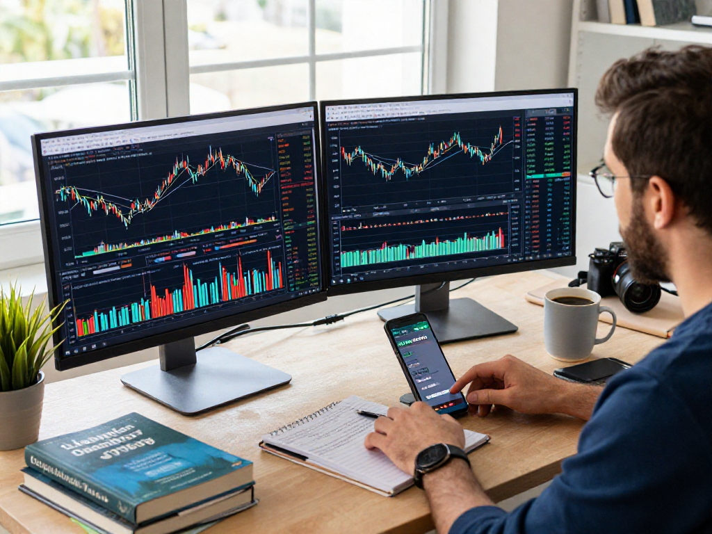 使用TradingView进行行情分析的专业交易员，桌面上显示动态K线图和技术指标，专业交易环境。