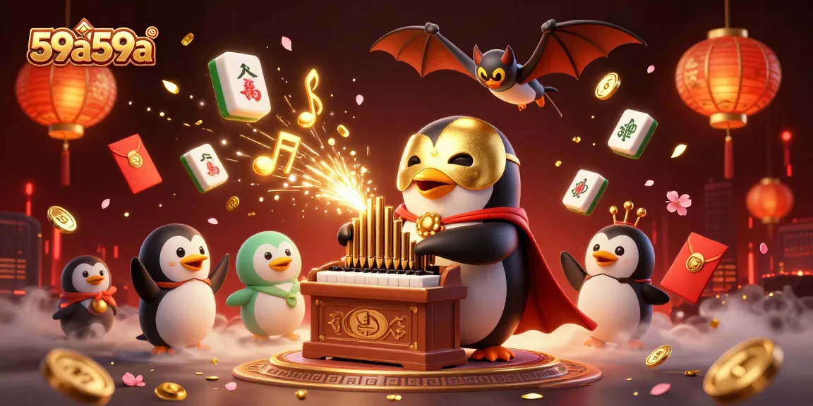 Ilustração 3D vibrante do 59a59a com um pinguim fantasma tocando um órgão de tubos que arrebata moedas de ouro.
