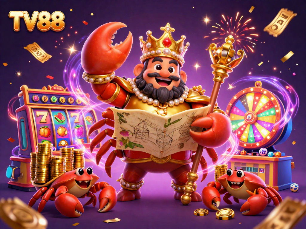Engage in exciting gameplay at TV88 with golden crab emperor, jackpot slots, and vibrant casino elements.