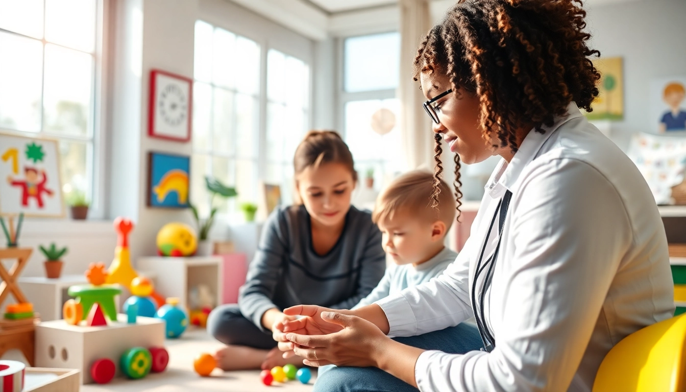 Therapist offering autism help in a supportive therapy environment with vibrant toys.