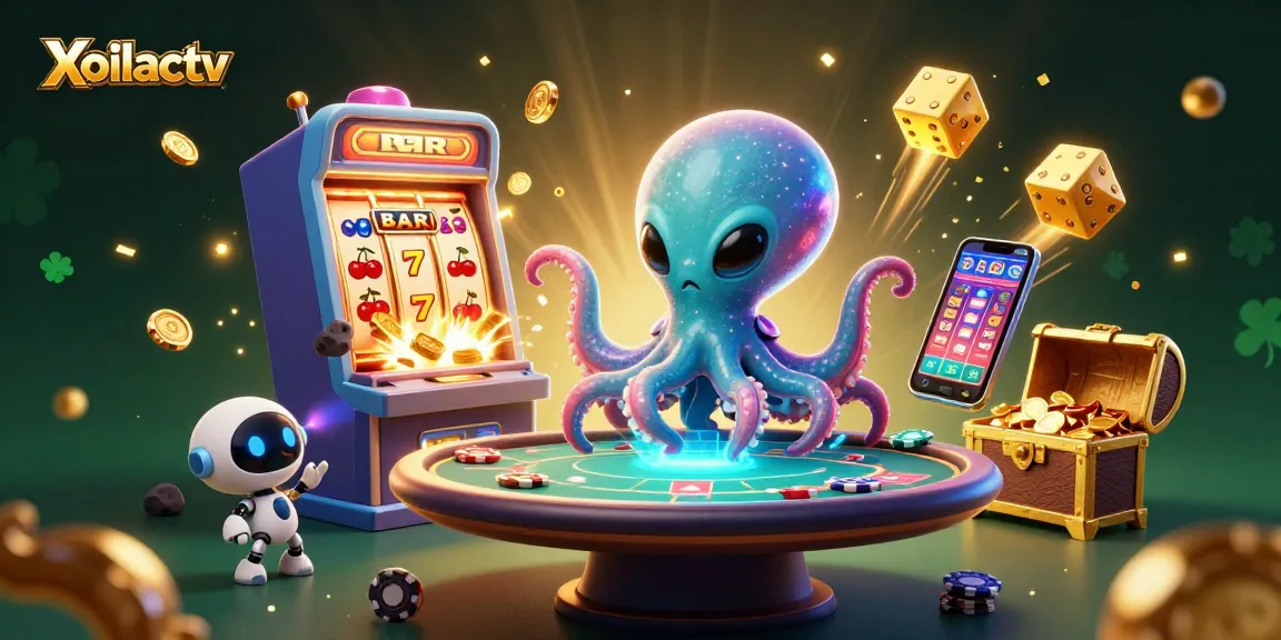 Xoilactv showcases an alien octopus engaging in a high-stakes poker game with vibrant casino elements.