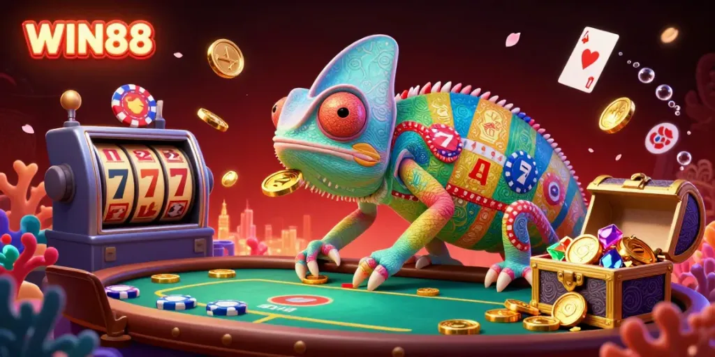 Experience dynamic WIN88 slots excitement with a colorful chameleon casino owner in action.