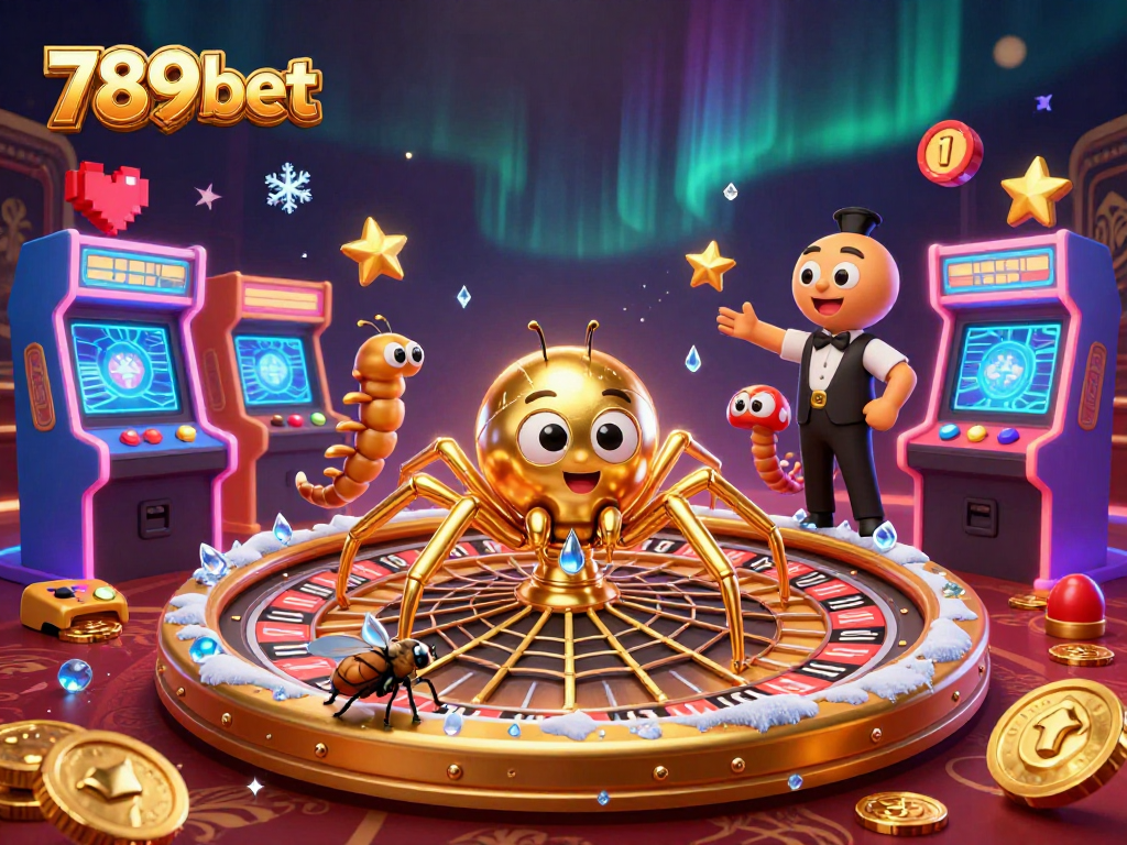 Experience thrilling bets with 789bet as a golden spider spins a roulette wheel web amidst vibrant game elements.