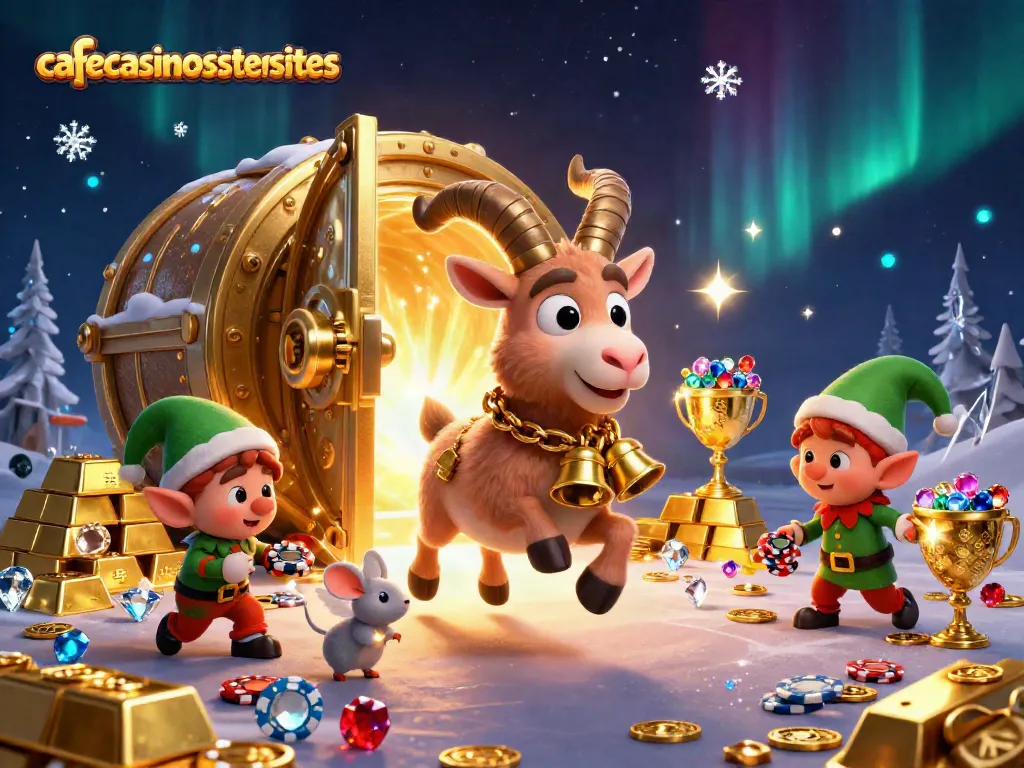 CafeCasinoSisterSites showcases a lively scene with Krampus and characters engaging in casino activities surrounded by treasures.
