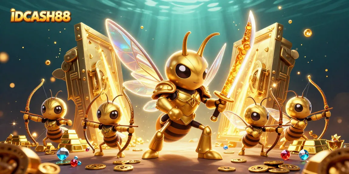 Spin to win big with IDCASH88: thrilling 3D illustration of golden hornet samurai and treasure!