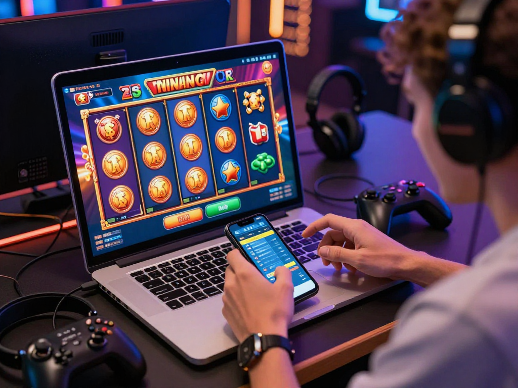 Permainan slot bola slot 99 dengan antarmuka kasino digital di laptop, suasana penuh kegembiraan.