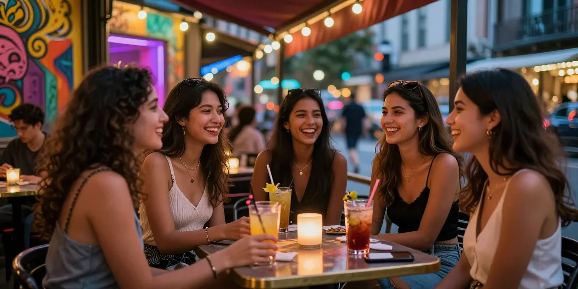 Nhóm bạn trẻ đang tận hưởng không khí vui vẻ trong bữa tiệc đêm tại quán cà phê với gái gọi ở thành phố.