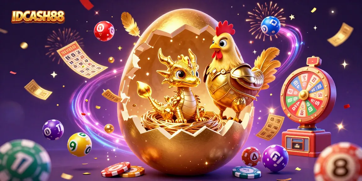 Experience excitement with IDCASH88’s golden dragon and lively casino elements in a vibrant illustration.