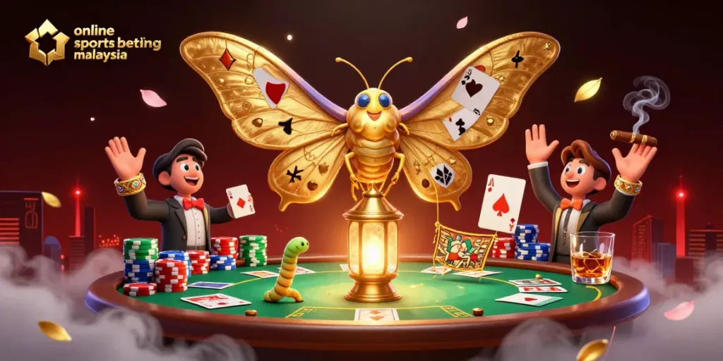 Experience thrilling action with online sports betting malaysia, featuring cartoon moth, poker elements, and vibrant atmosphere.
