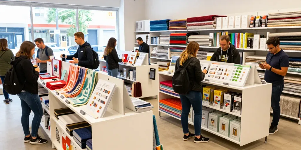 Shopsmart customers engaging with high-quality products in a vibrant retail environment.