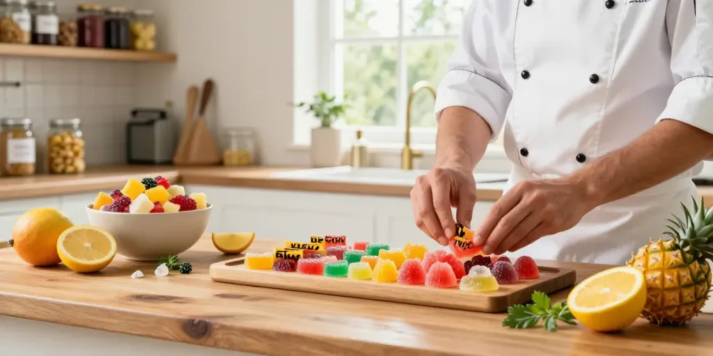Artisan preparing activist edibles, showcasing colorful infused treats in a rustic kitchen.