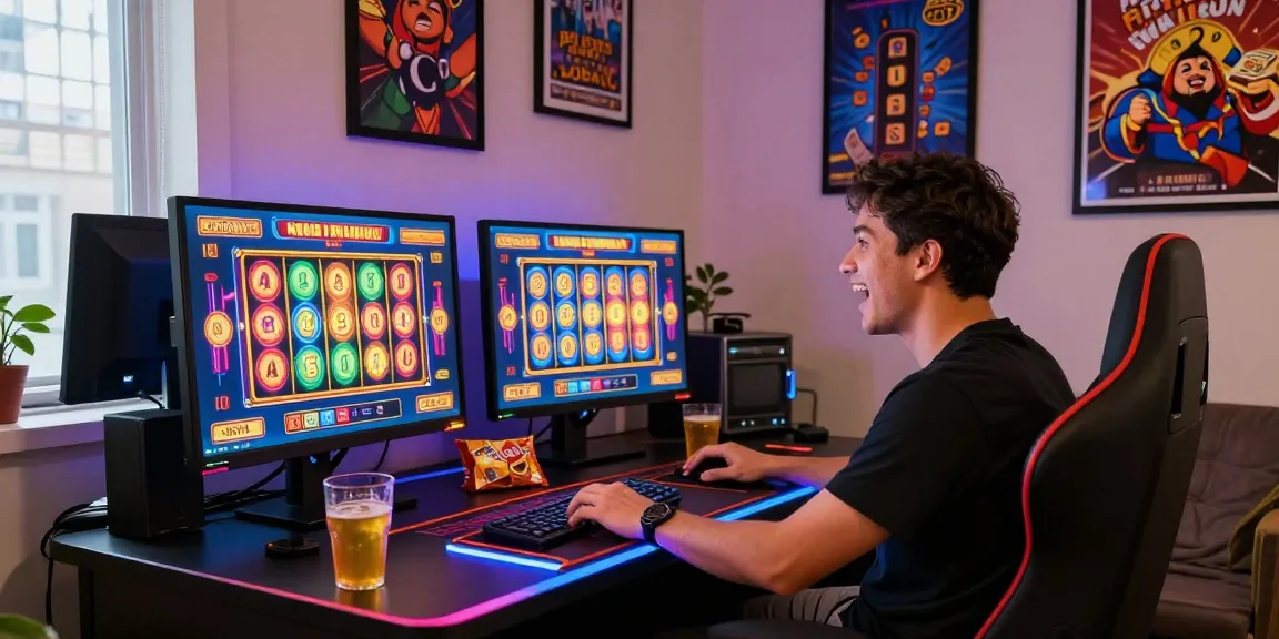 Pengguna menikmati permainan situs slot gacor di rumah, dengan grafik warna-warni di layar dan suasana yang ceria.