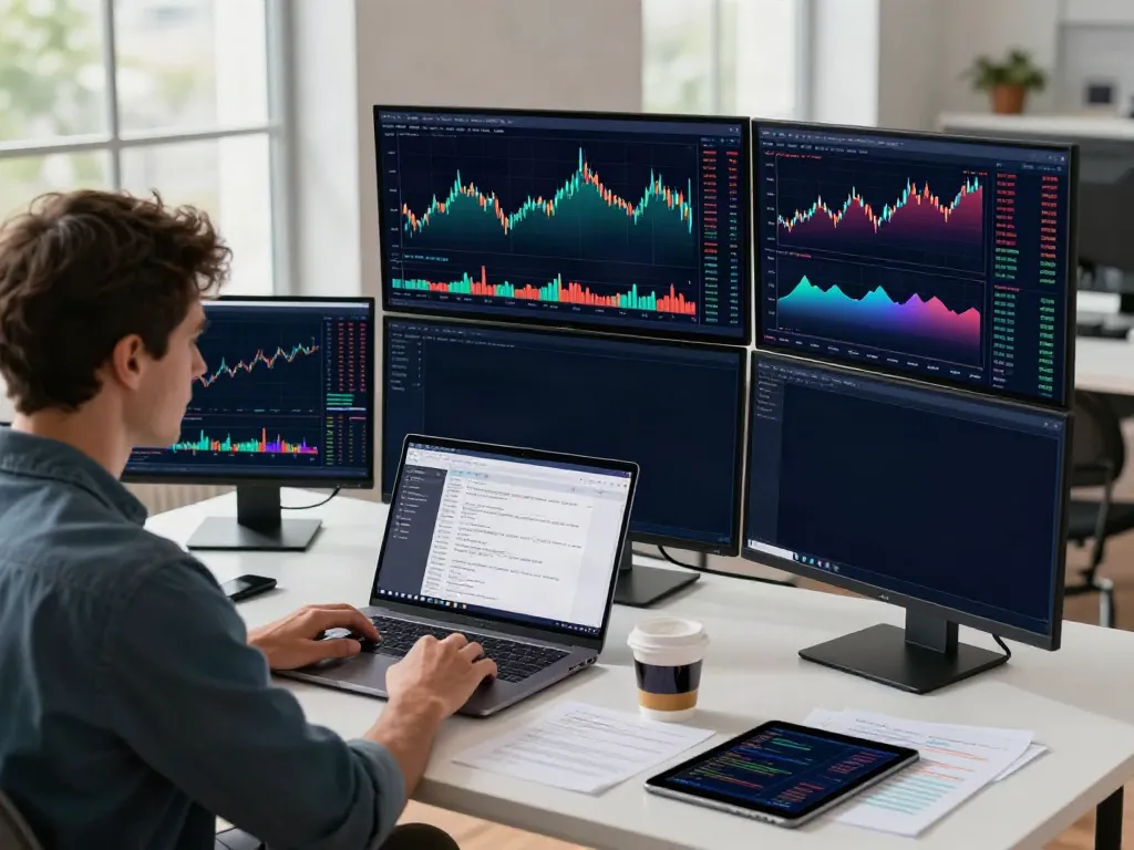 Trader analyzing TradingView charts on multiple screens in a modern workspace.