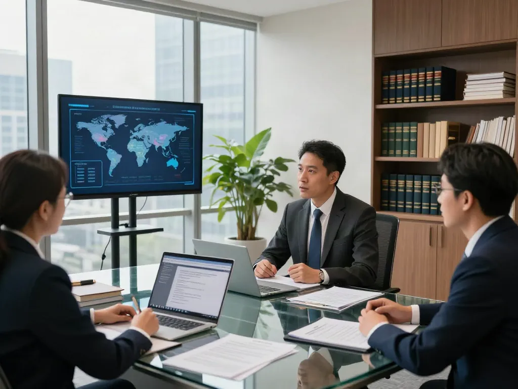 Lead Roedl legal advisory scene with lawyer discussing strategies with international client, showcasing professionalism and collaboration.