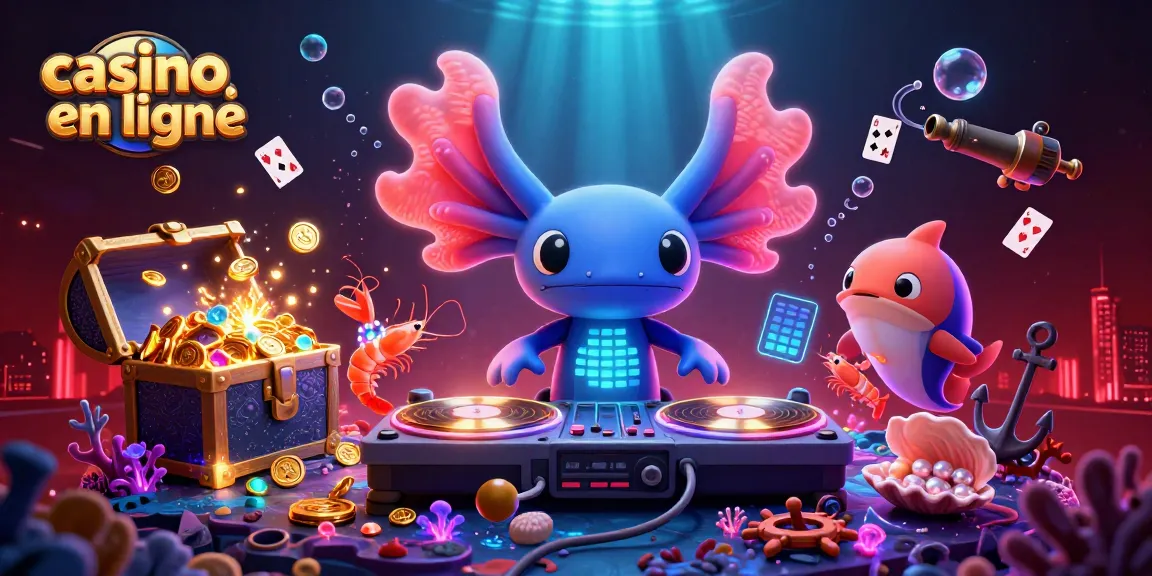 Appréciez l'animation d'un DJ axolotl dans une scène de casino en ligne imaginaire, pleine de richesse et d'énergie.