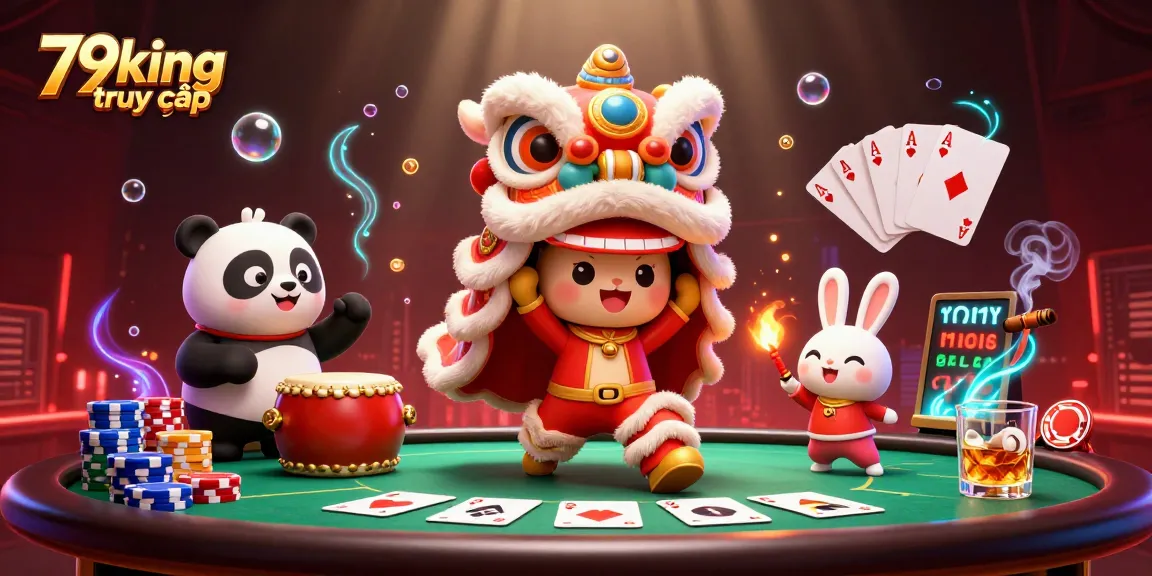 Experience the excitement of 79king truy cập as colorful characters and casino elements come alive in this dynamic 3D illustration.