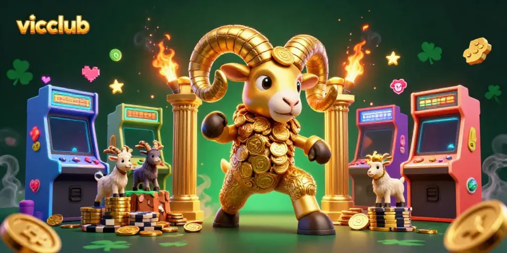 Experience thrilling wins at vicclub with a majestic golden ram charging through a vibrant casino scene.