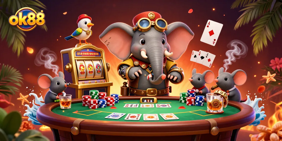 Win big at ok88 with colorful poker chips and a mechanical elephant engineer at the slots.