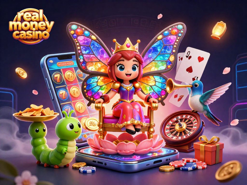 Experience excitement with a vibrant 3D scene of a real money casino featuring lush visuals and lively characters.