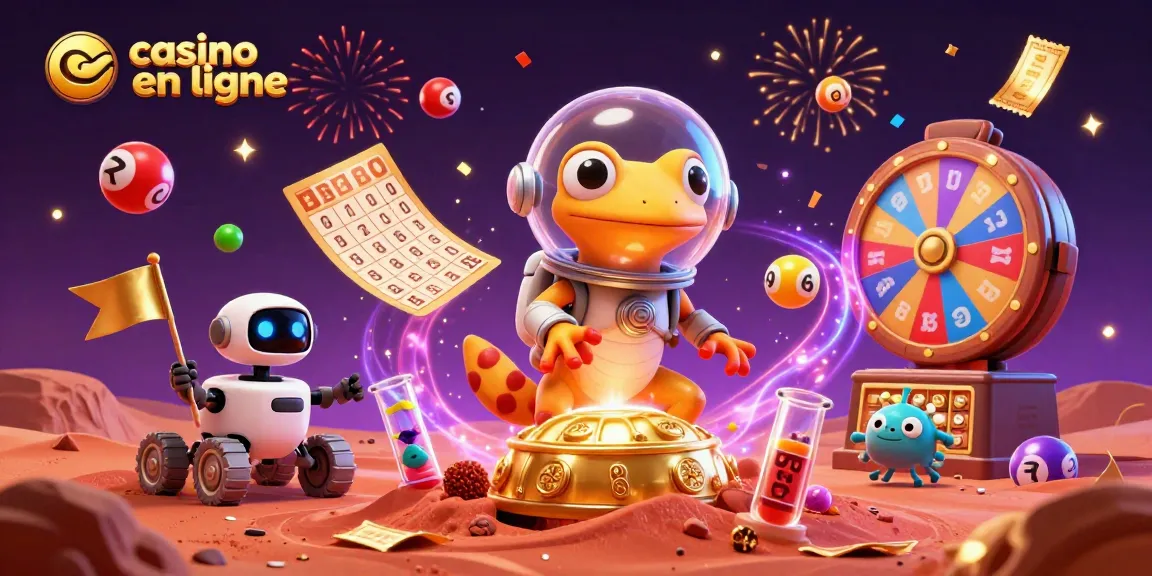 Découvre le casino en ligne avec un gecko martien, un rover, et des éléments de loterie dans un univers coloré.
