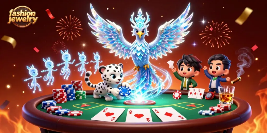 Engage in fashion jewelry themes with vibrant 3D phoenix and poker elements