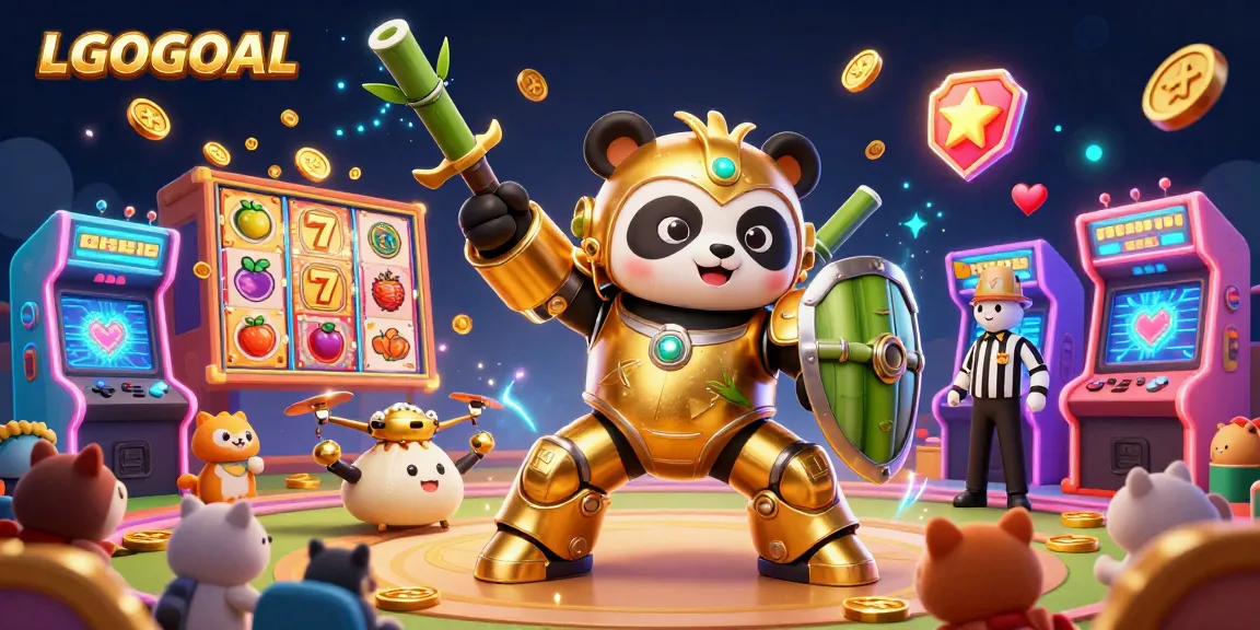 Experience excitement with LGOGOAL in a vibrant 3D casino scene filled with slot reels and lively characters.