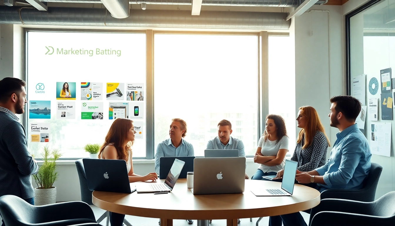 Marketing director collaborating with a team in a modern office setting.