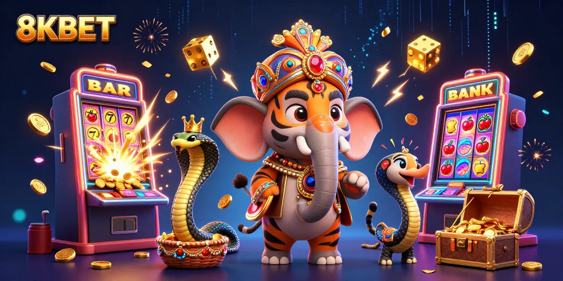 Experience the thrill of 8KBET with a vibrant 3D casino scene featuring dynamic elements and characters.