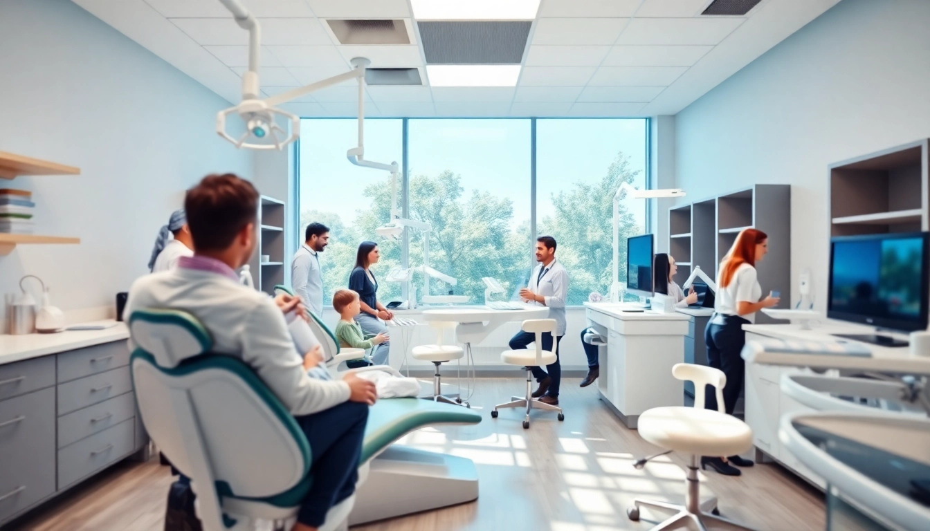 Friendly dental office staff attending to a patient in a modern dental office.