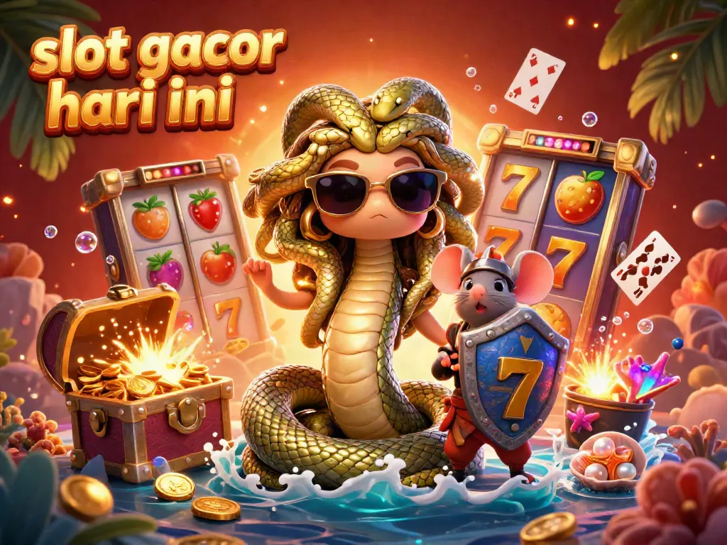 Ilustrasi 3D slot gacor hari ini dengan Medusa, mouse pejuang, dan simbol slot, penuh harta.
