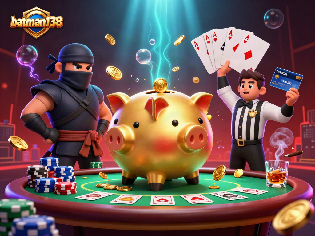 Experience vibrant gameplay with batman138, featuring a golden piggy bank sumo wrestler and colorful casino elements.