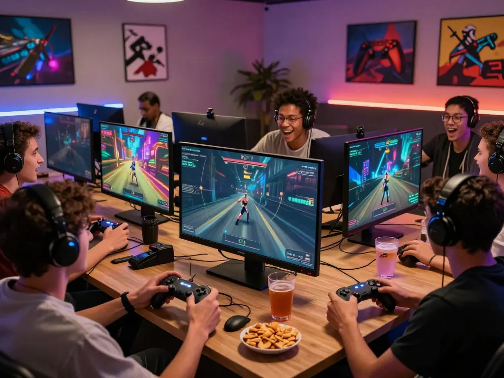 Friends enjoying a multiplayer gaming session with ahha4d themed decor.