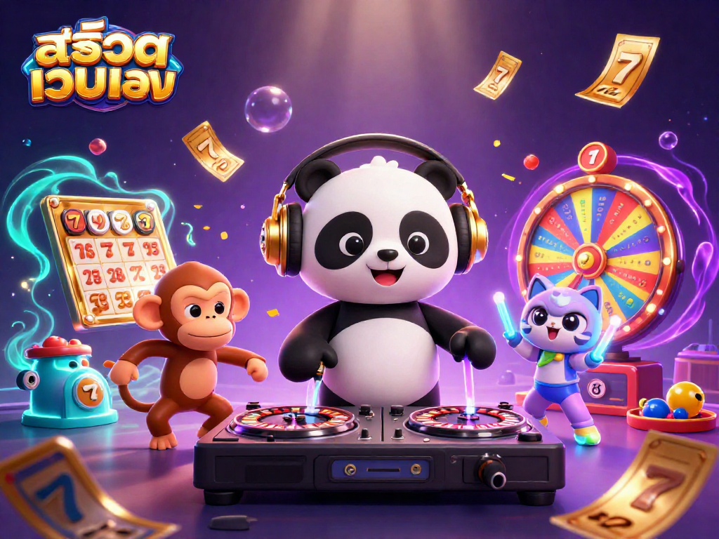 Spin the reels with สล็อตเว็บตรง featuring vibrant characters in a lively casino scene.