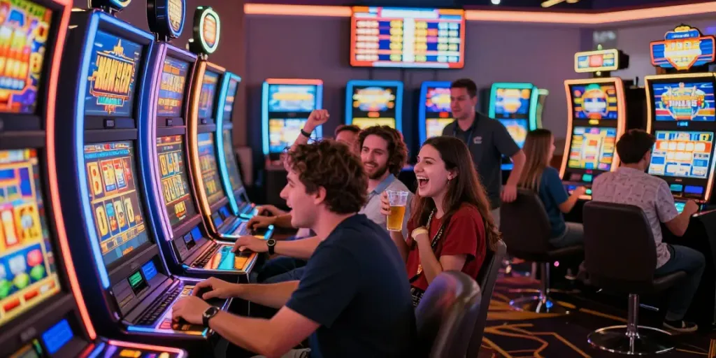Pengalaman bermain slot777 yang seru dan mendebarkan di kasino, dengan pemain yang merayakan kemenangan.