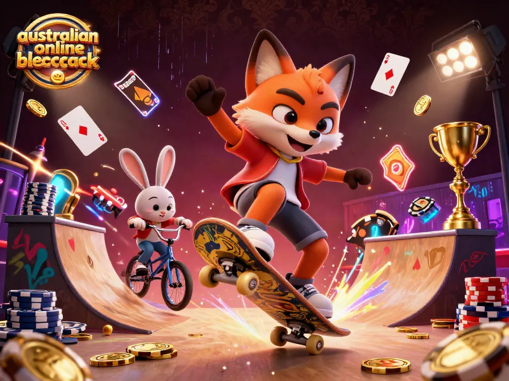 Experience dynamic gameplay with australian online blackjack, featuring a cartoon fox and rabbit in a vibrant casino.