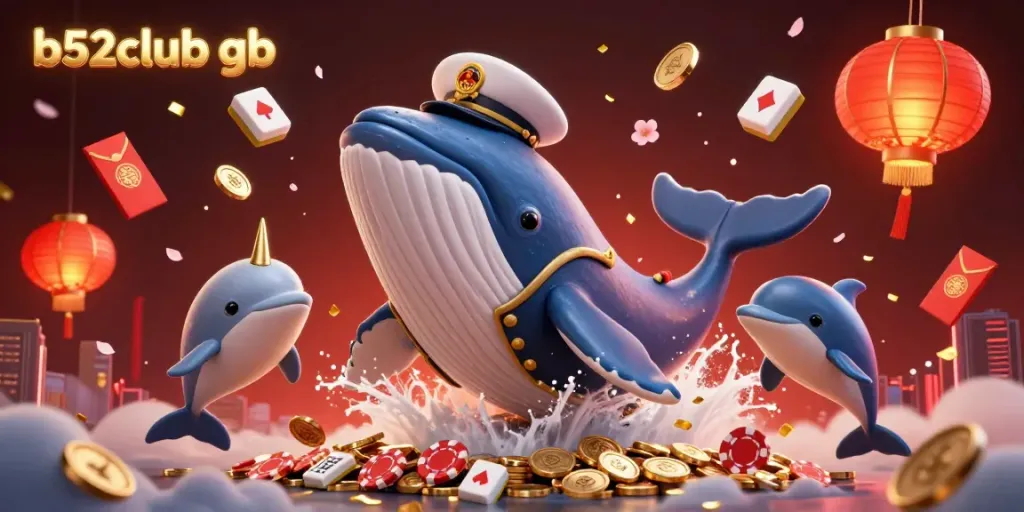 Engage with b52club gb in a vibrant 3D scene featuring whales and playful dolphins amidst rich casino elements.